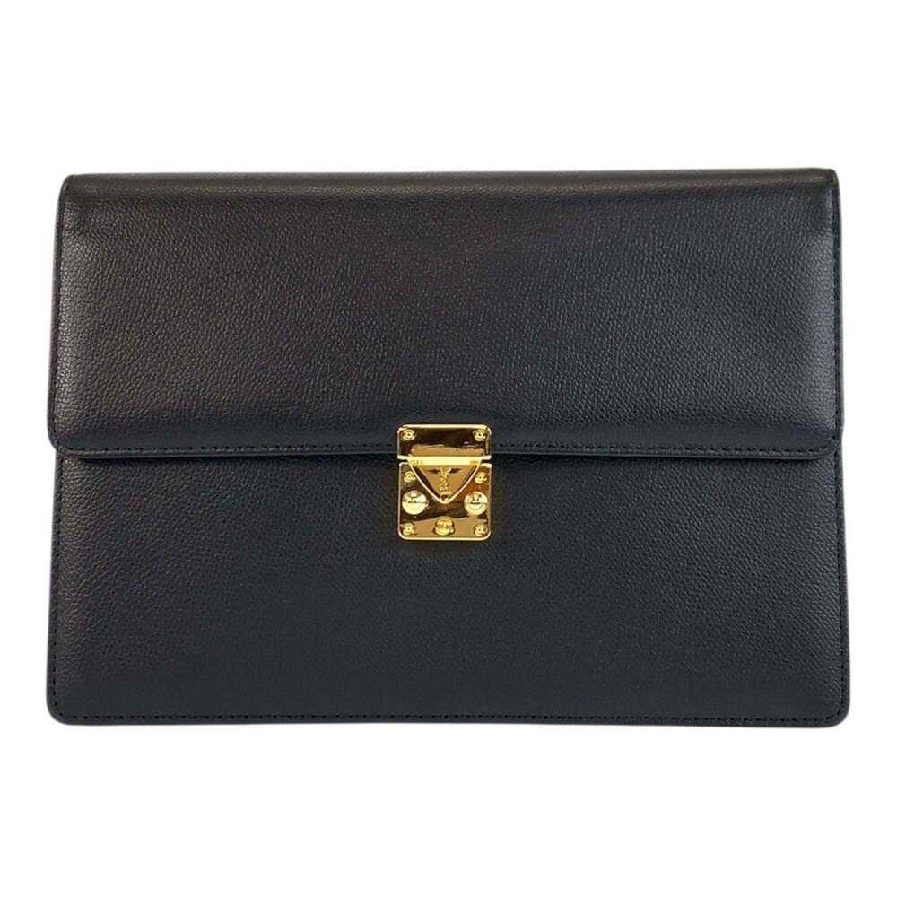 YVES SAINT LAURENT Vintage YSL Black Leather Clutch Bag with Gold Hardware fo...